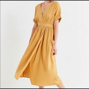 Urban Outfitters Gabrielle Gold Linen Midi Wrap Dress - Brand New